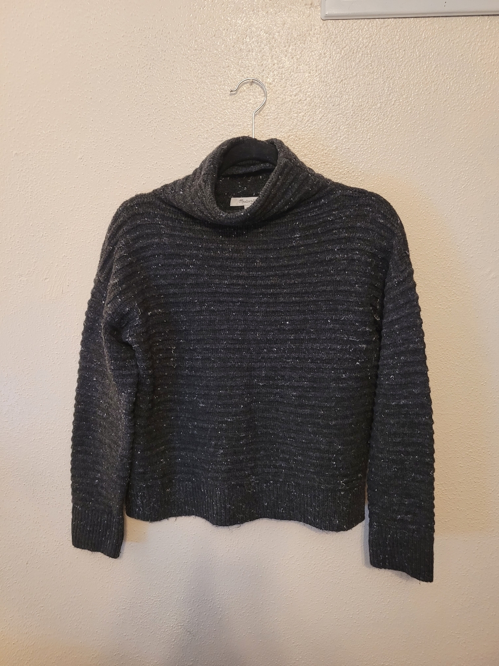 Madewell Textured Ribbed Turtleneck Sweater Charcoal Nep Wool Blend XS